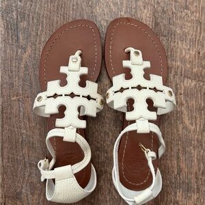Tory Burch White Leather Girls' Logo T-Strap Sandals